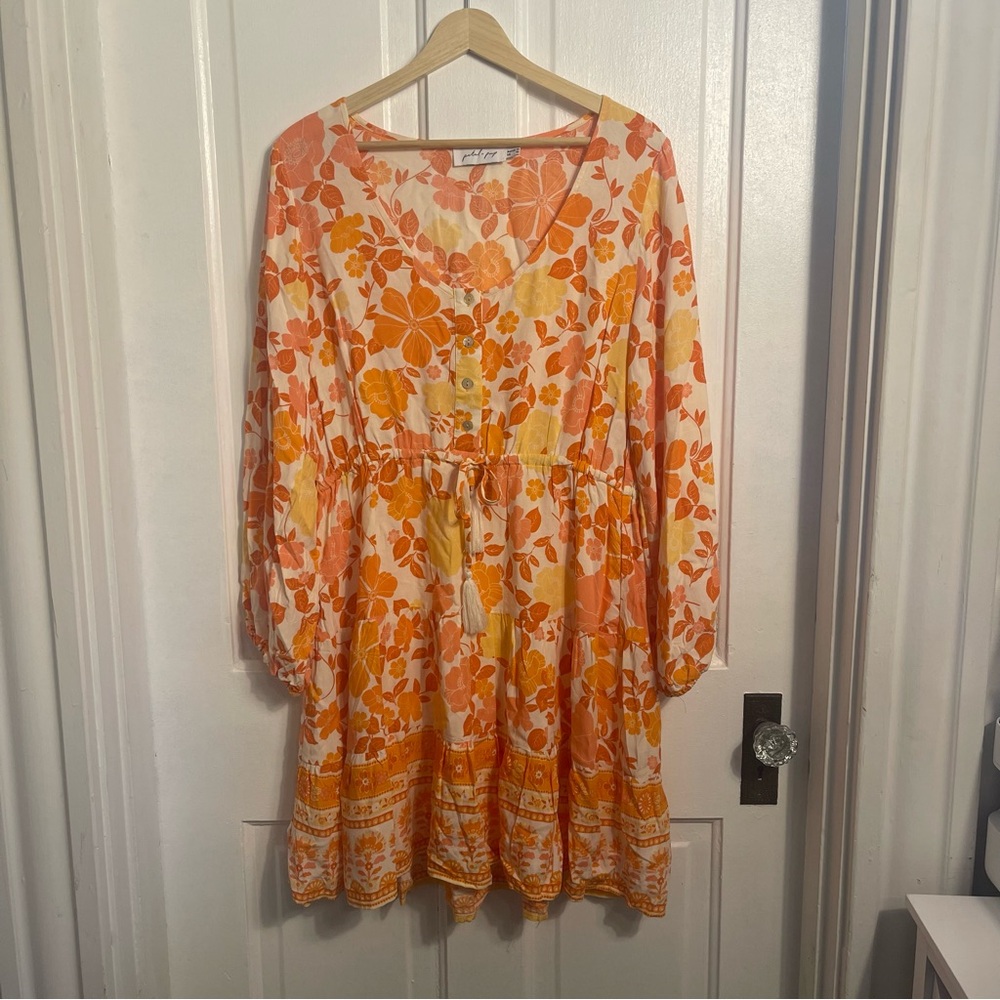 Petal & Pup Odie Orange Floral Long Sleeve Tiered Mini Dress Size 10 US